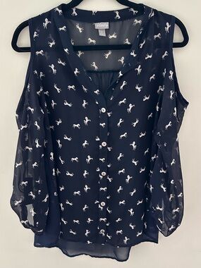 Vanity Black Horse-Print Cold-Shoulder Blouse